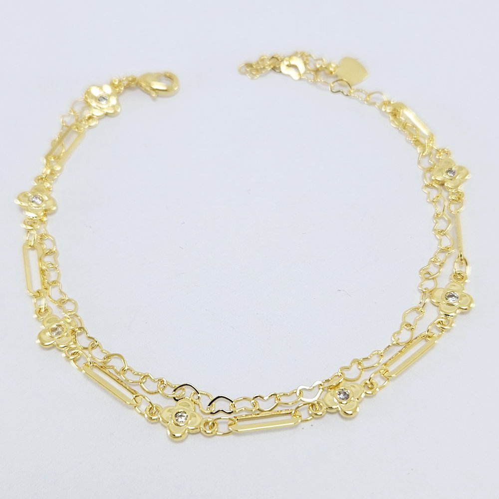 Pulseira dupla elos corações com flor pedra cristal