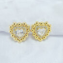 Brinco coração pedra cristal com detalhe bolinhas dourado