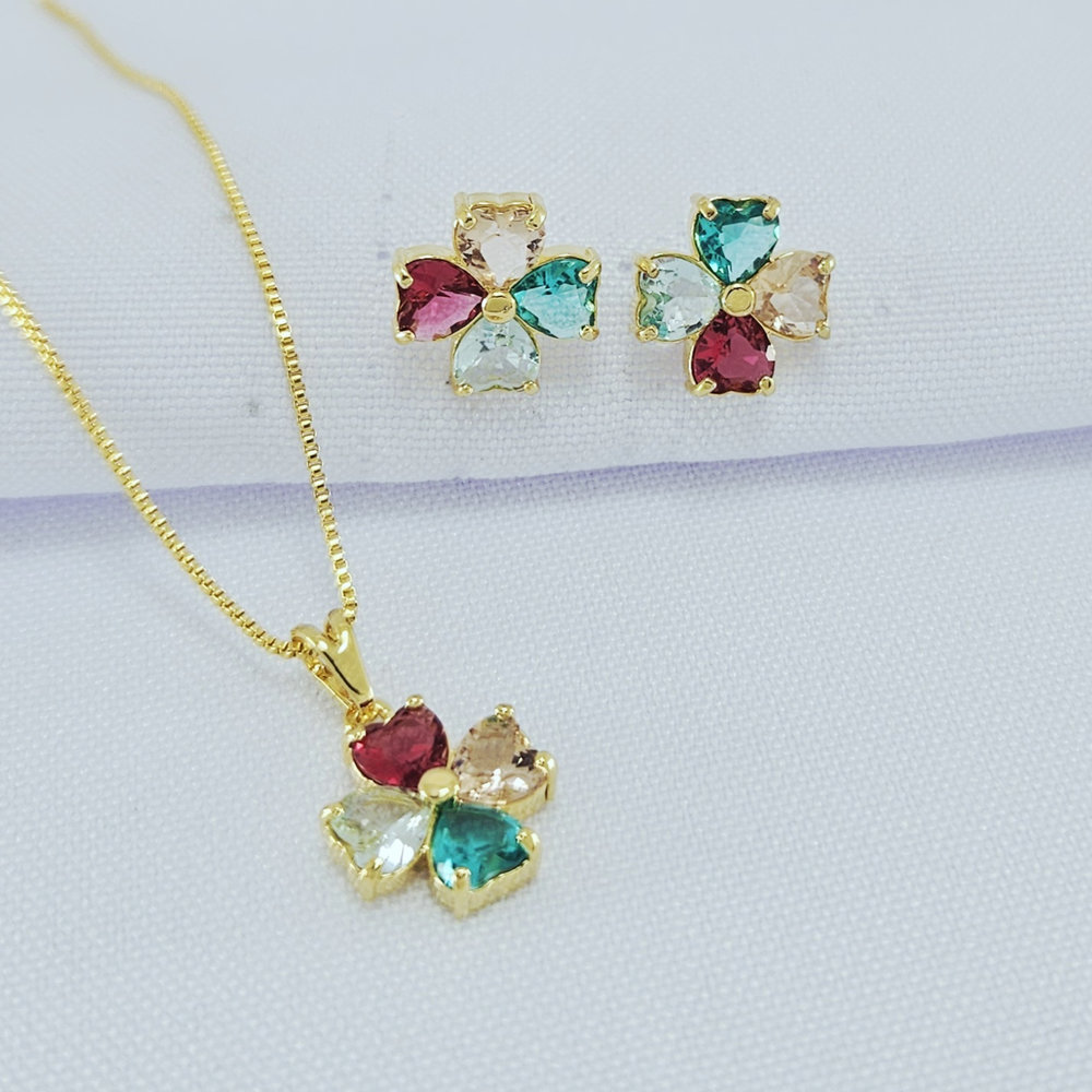 Conjunto Trevo com zircônias colorida