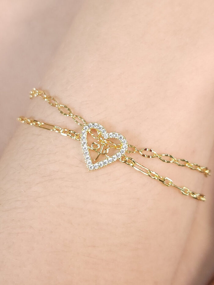 Pulseira dupla coração cravejado com fé