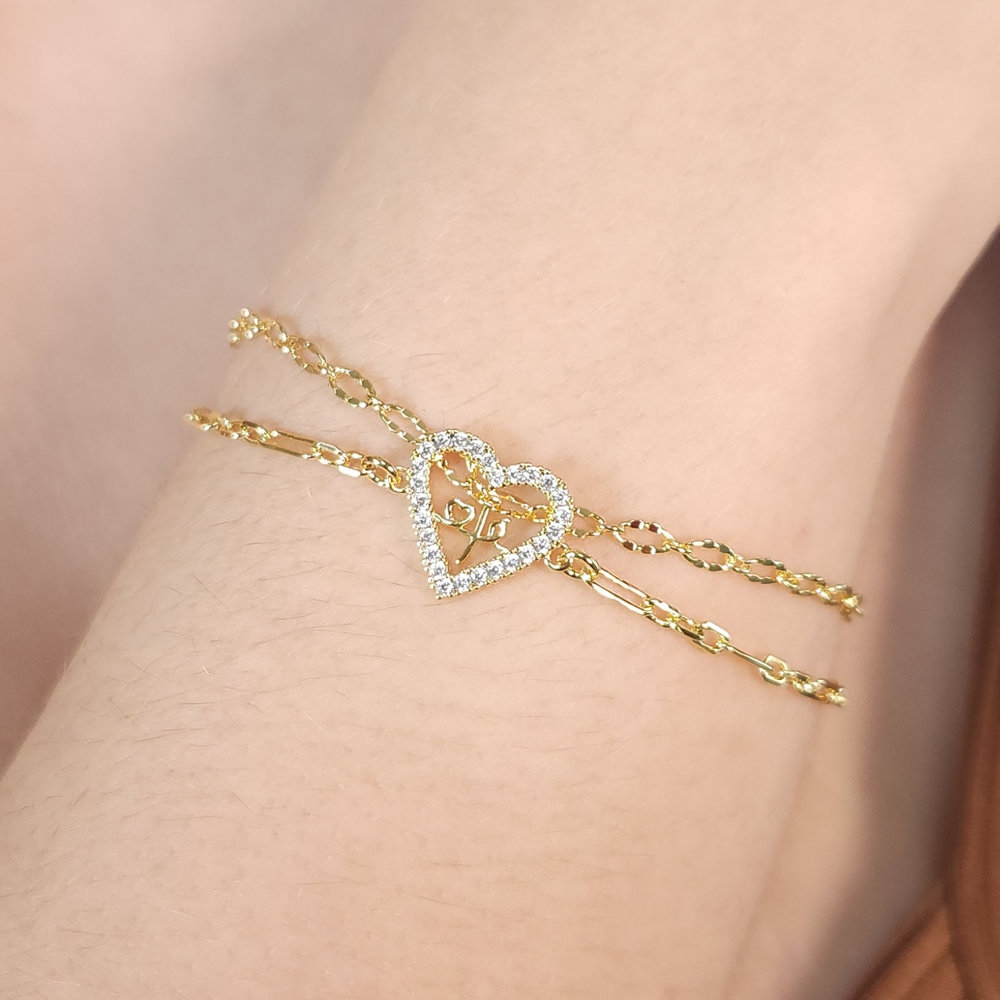 Pulseira dupla coração cravejado com fé