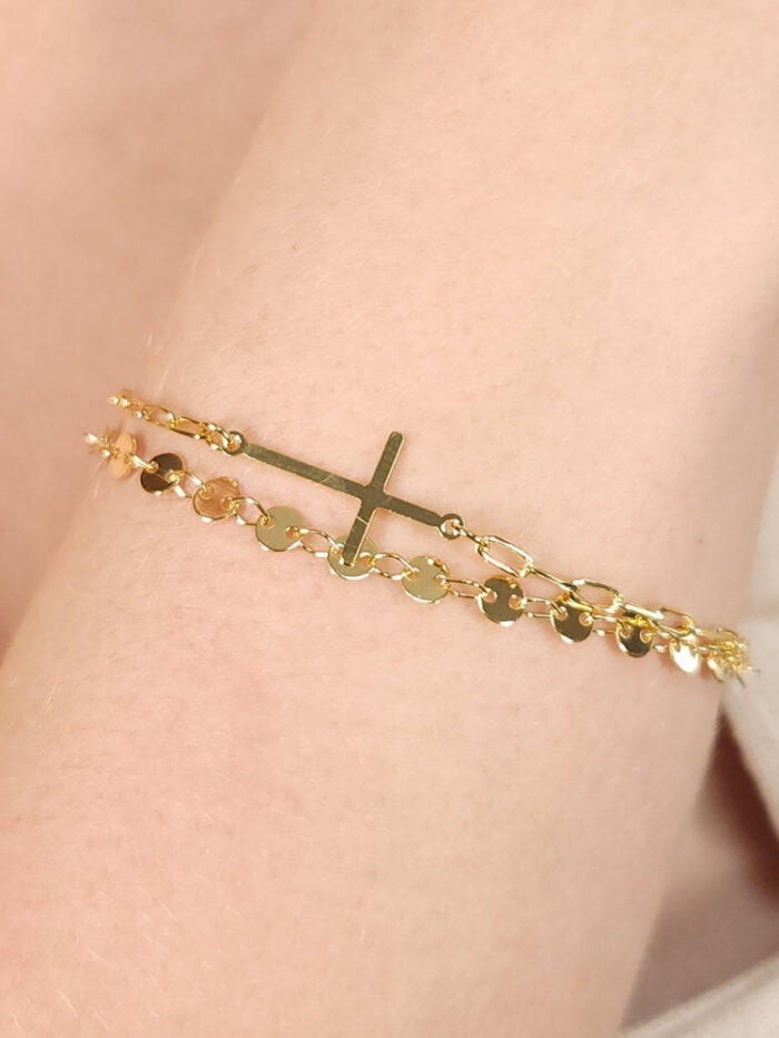Pulseira dupla elos redondos chapeado e cartier com cruz