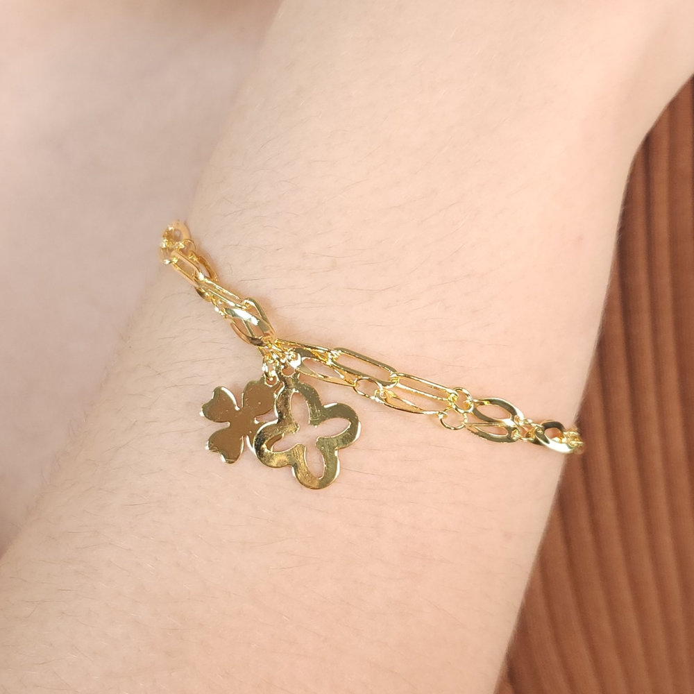 Pulseira dupla elo com trevo vazado e liso