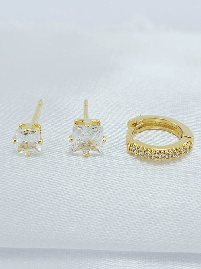 Trio de brincos com pedras quadrado e argolinha cravejado cristal