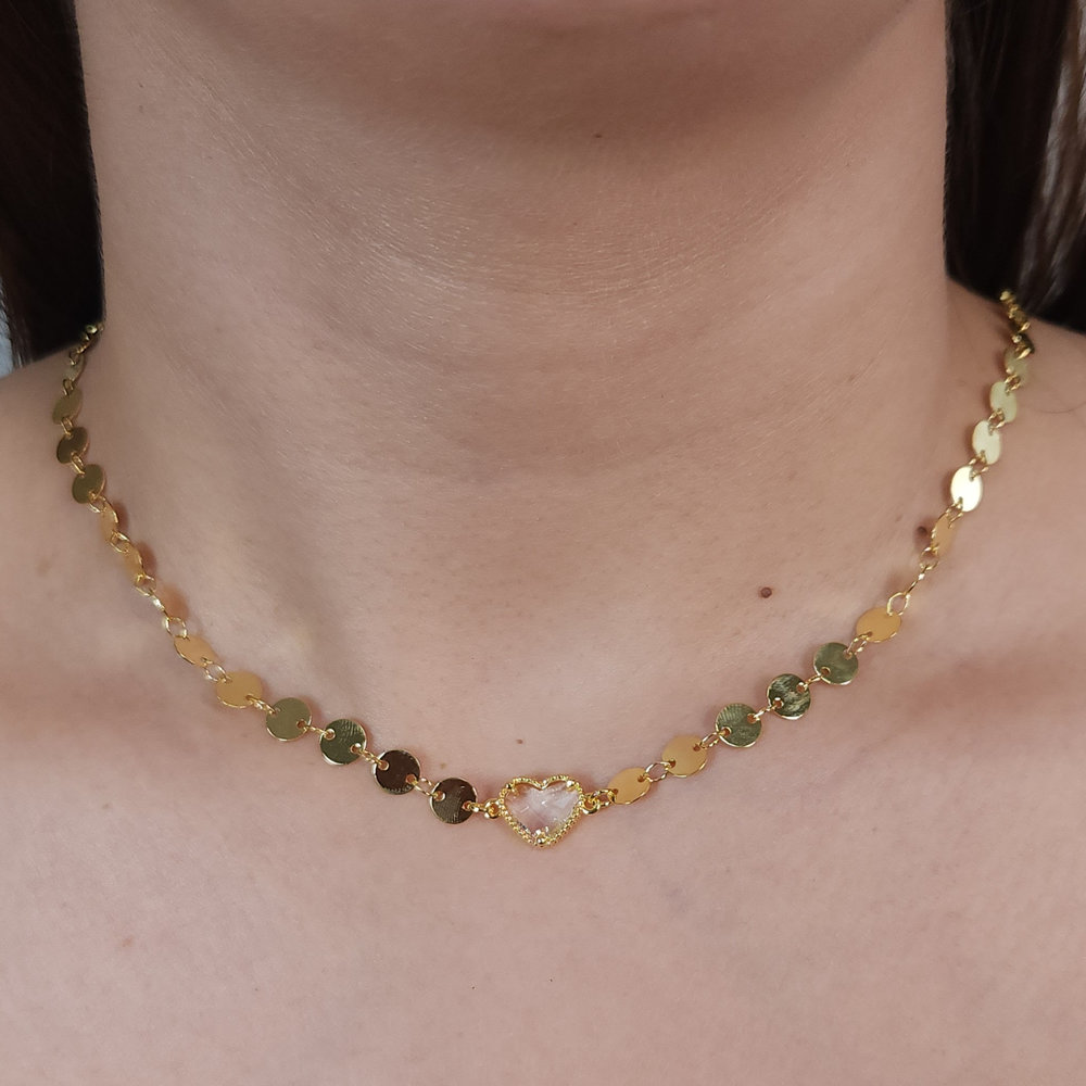 Gargantilha chocker coração cristal elos chapeado
