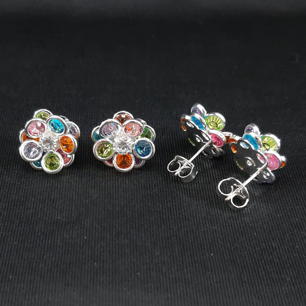 Brinco flor colorido com pedra cristal