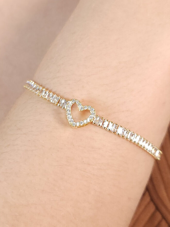 Pulseira riviera pedra baguete coração vazado