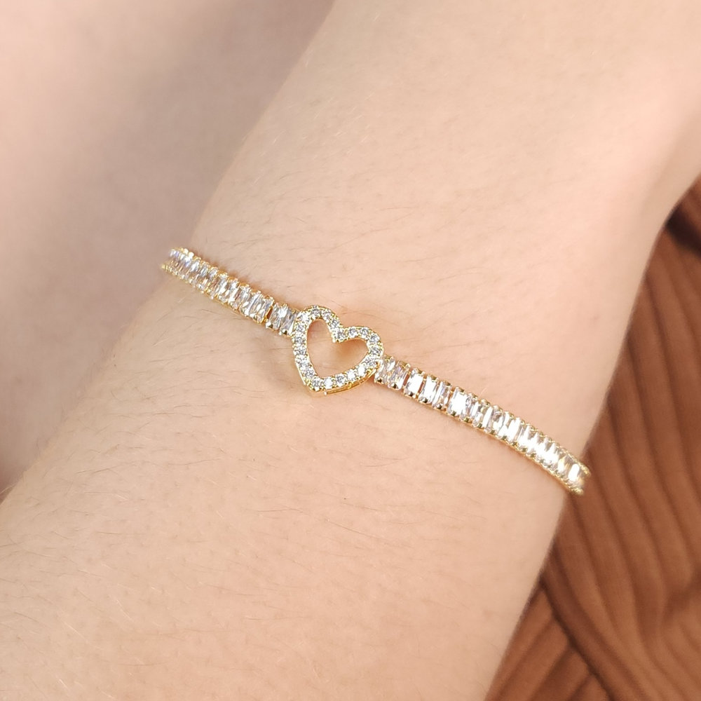 Pulseira riviera pedra baguete coração vazado