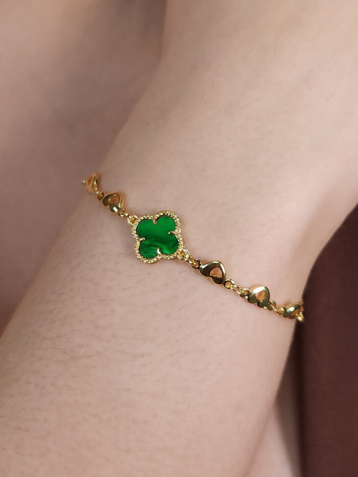 Pulseira elos coração e oval torcido redondo com trevo