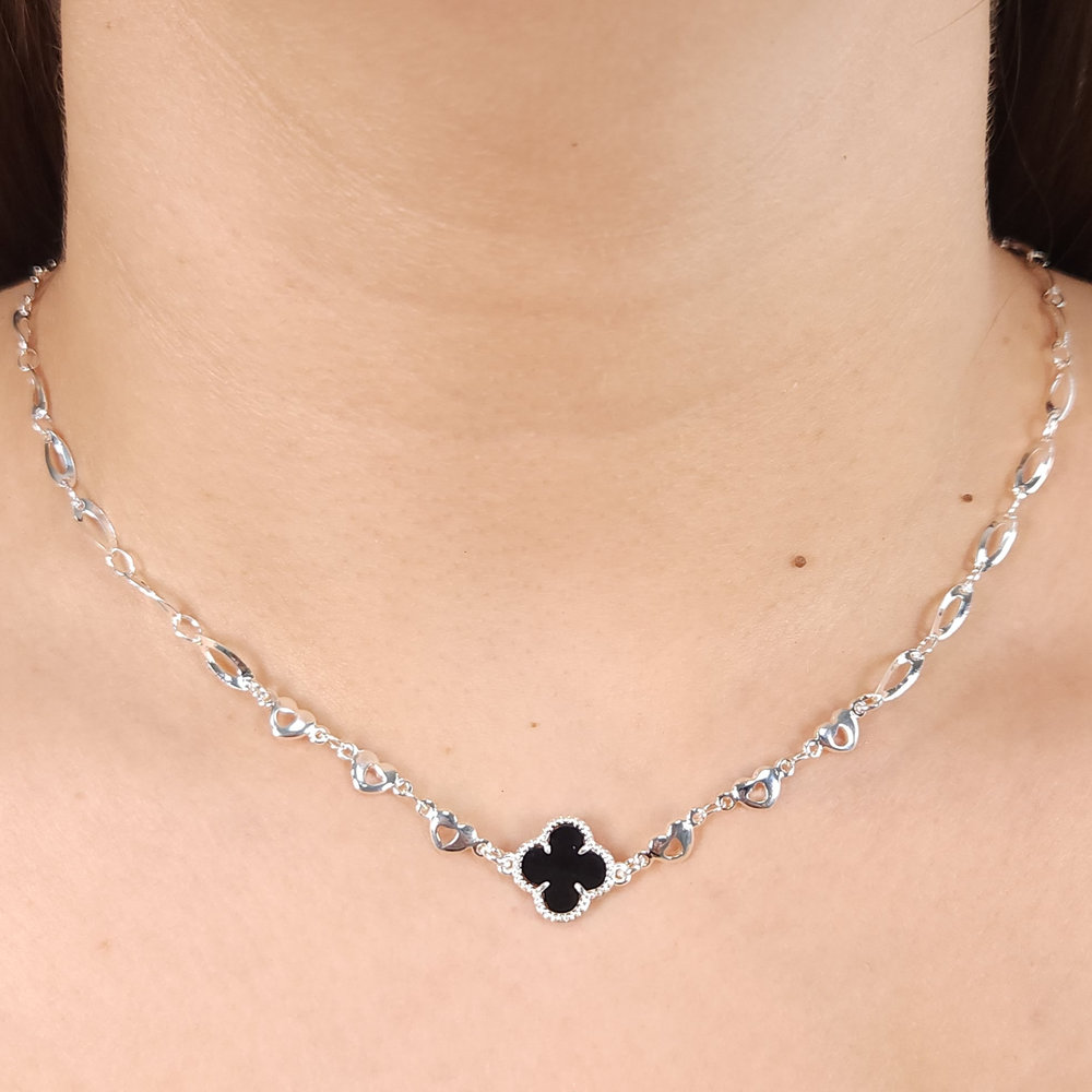 Gargantilha choker elos corações e oval torcido com trevo - Imagem 6