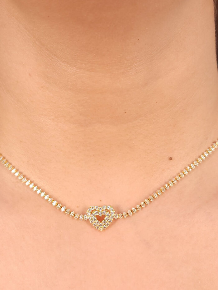 Gargantilha pedra navete com coração duplo cravejado