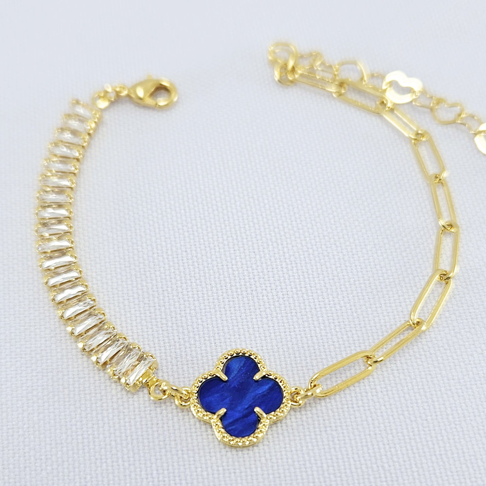 Pulseira corrente cartier e riviera baguete com trevo detalhado - Imagem 4