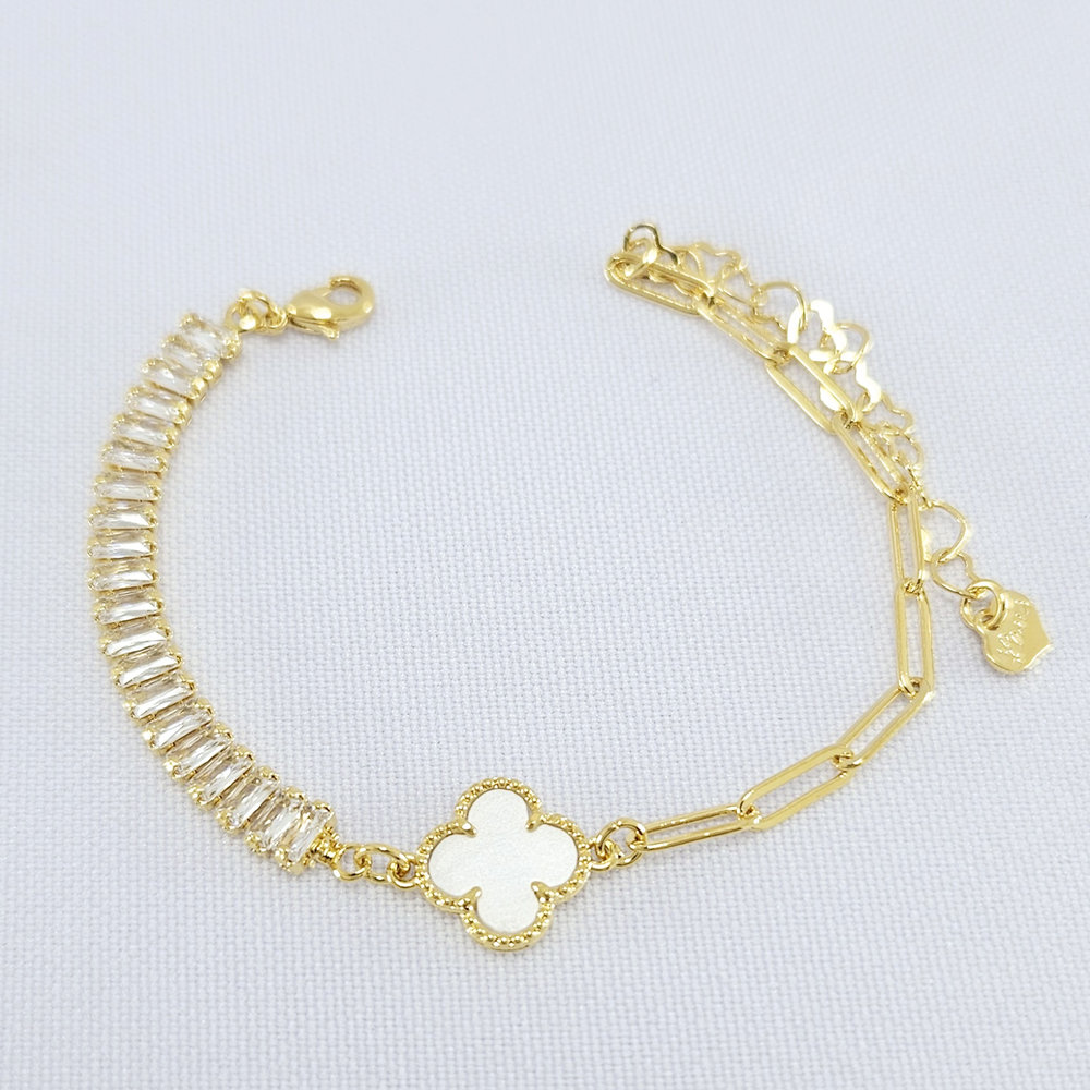 Pulseira corrente cartier e riviera baguete com trevo detalhado - Imagem 2