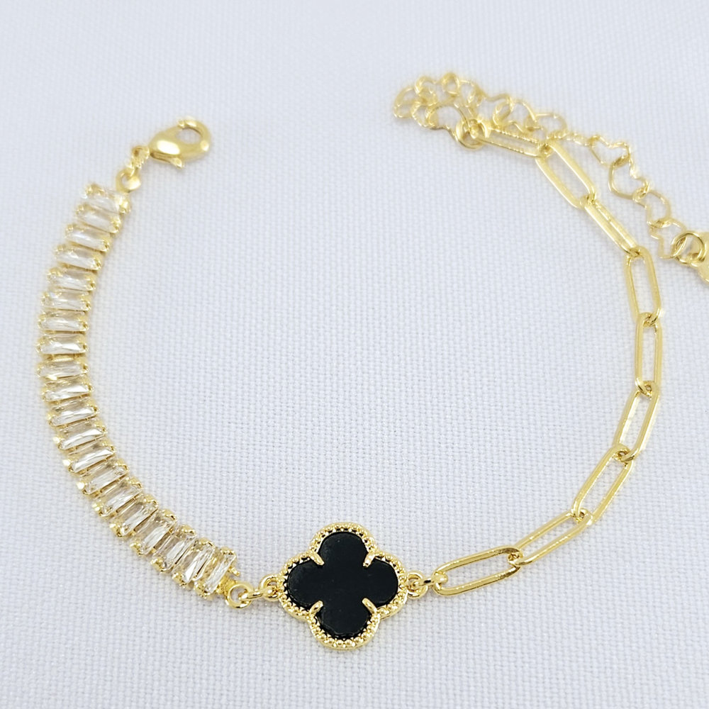 Pulseira corrente cartier e riviera baguete com trevo detalhado - Imagem 5