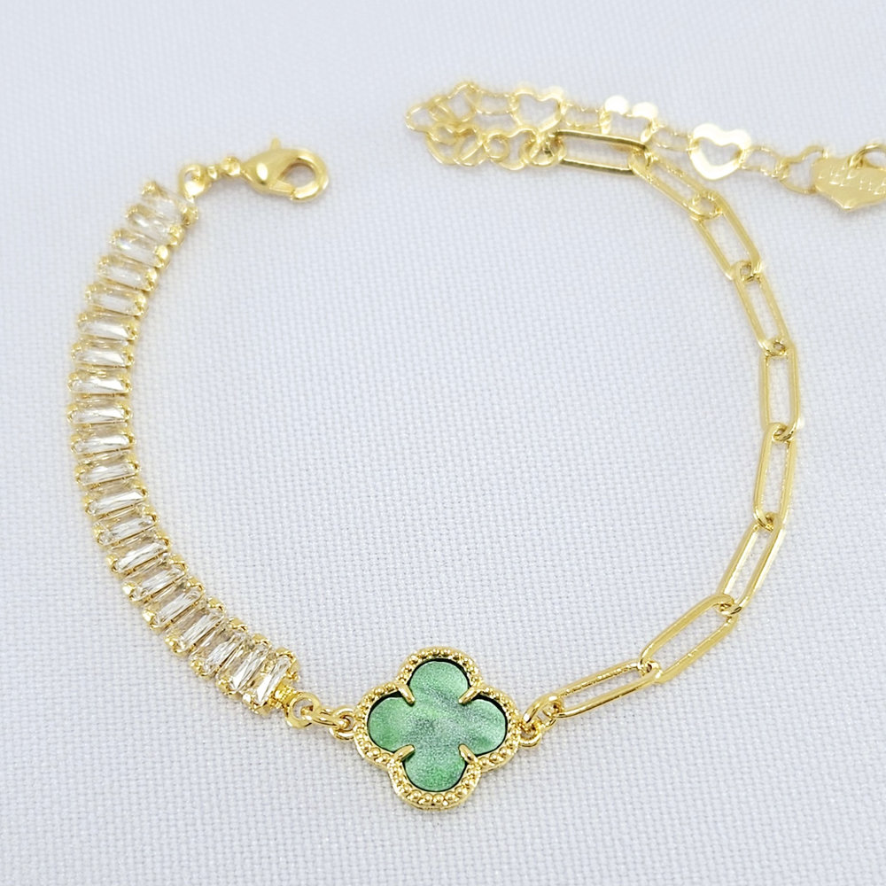 Pulseira corrente cartier e riviera baguete com trevo detalhado - Imagem 6