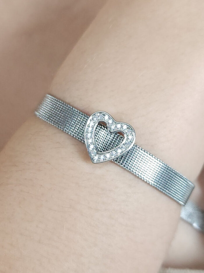Pulseira estilo relógio coração prateado fio cravejado