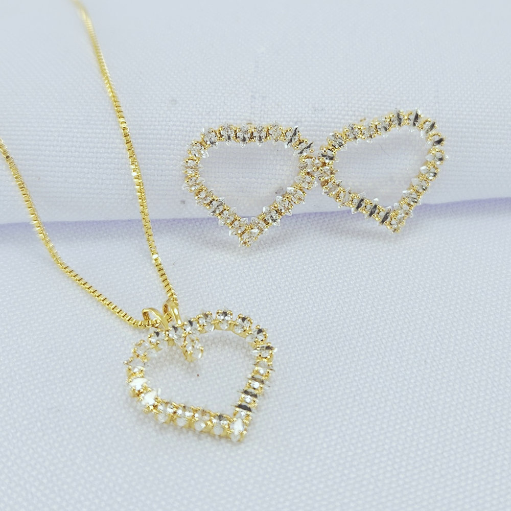 Conjunto coração com pedra navete cristal