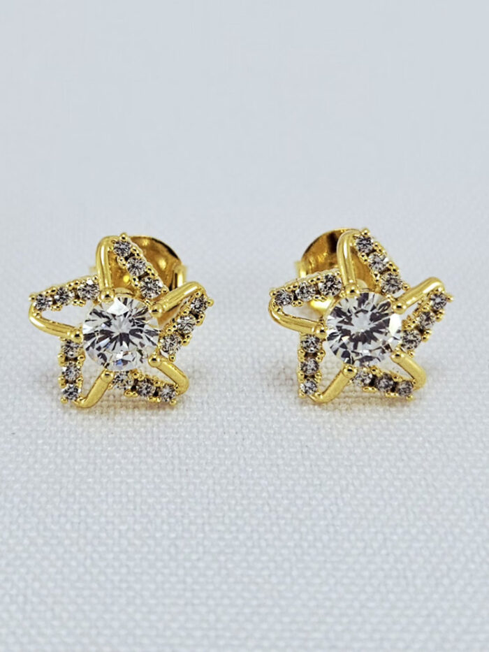 Brinco estilo flor cinco pétalas vazado e cravejado