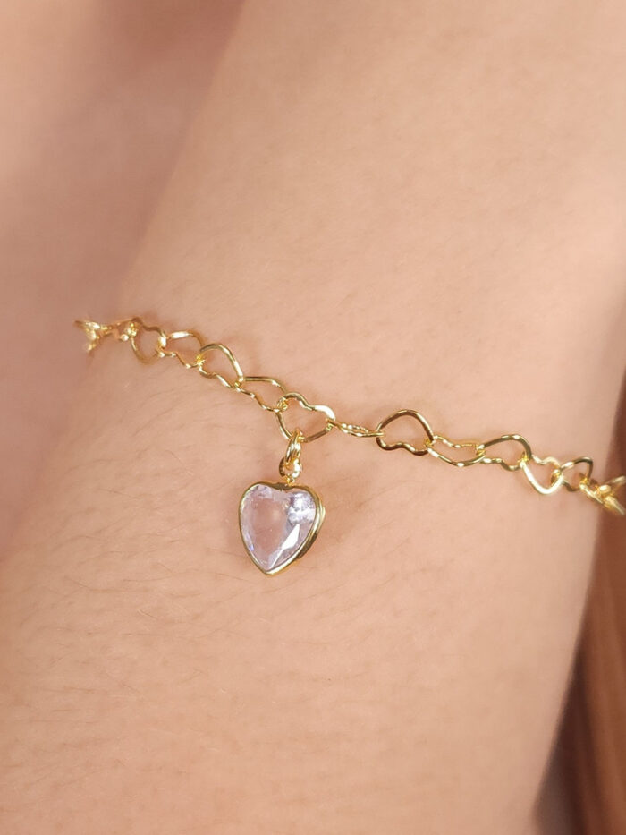 Pulseira elos corações com pêndulo coração cristal