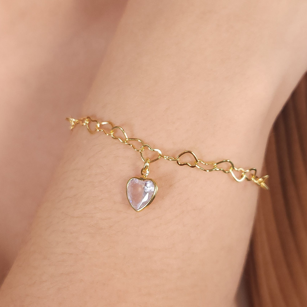 Pulseira elos corações com pêndulo coração cristal