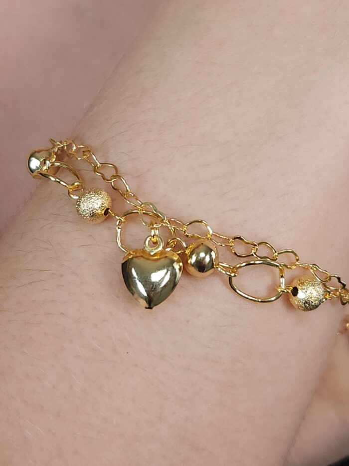 Pulseira dupla elos corações com bolinhas fosco e liso