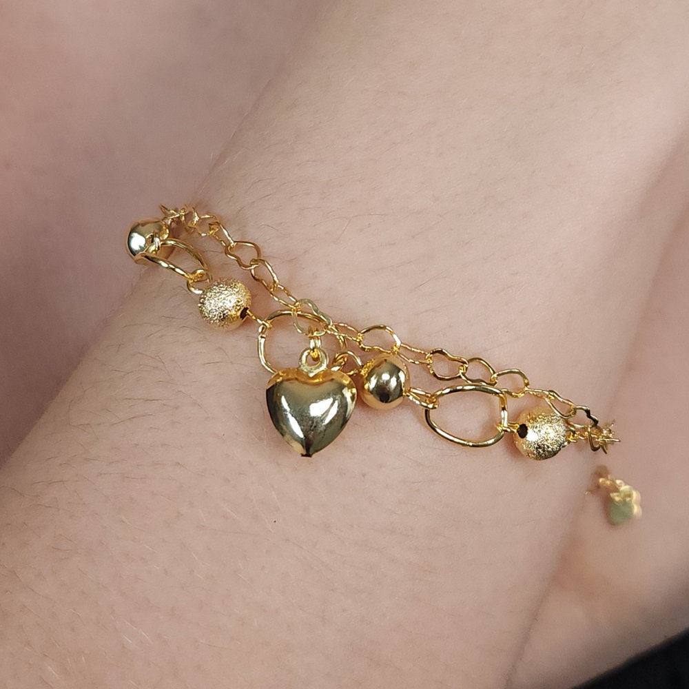 Pulseira dupla elos corações com bolinhas fosco e liso