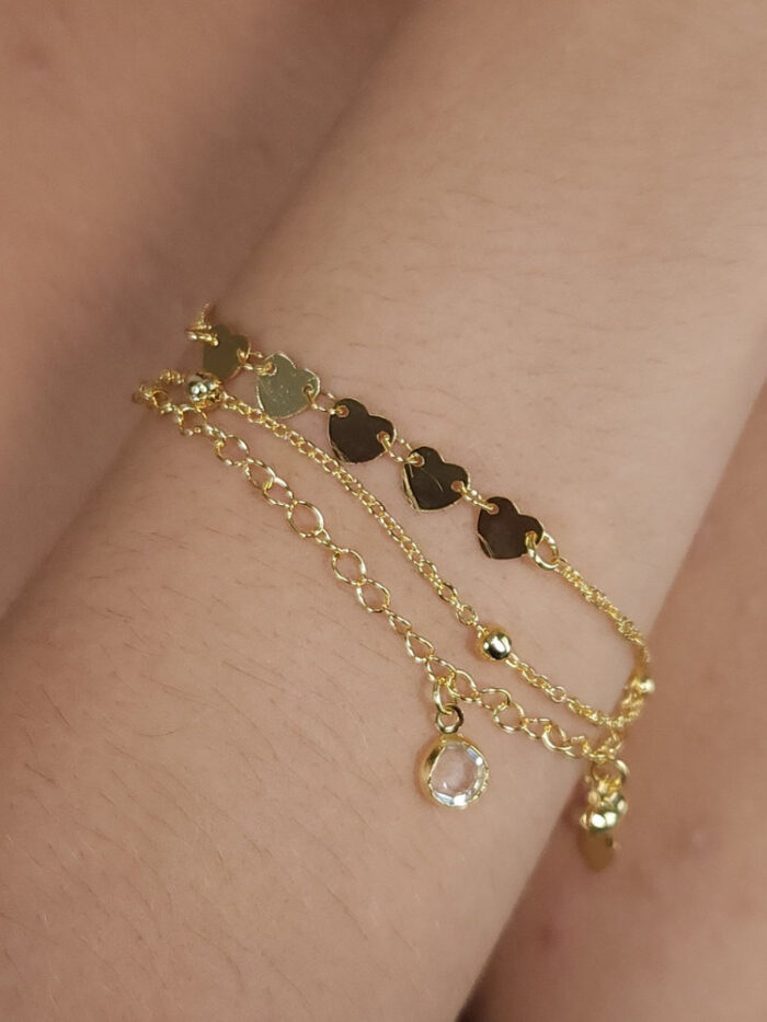 Pulseira tripla coração chapeado com ponto de luz