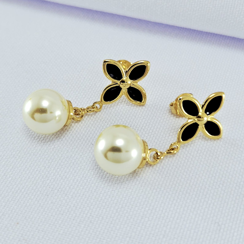 Brinco flor com pérola pêndulo - Imagem 2