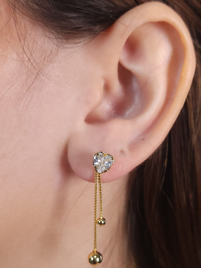 Brinco base coração cristal fio malha bolinhas douradas