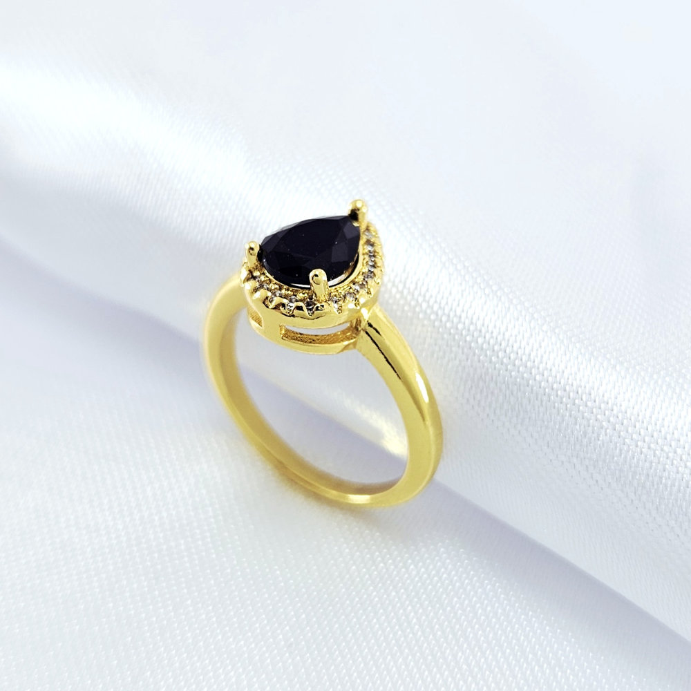 Anel gota pedra preta detalhe cravejado - Imagem 2