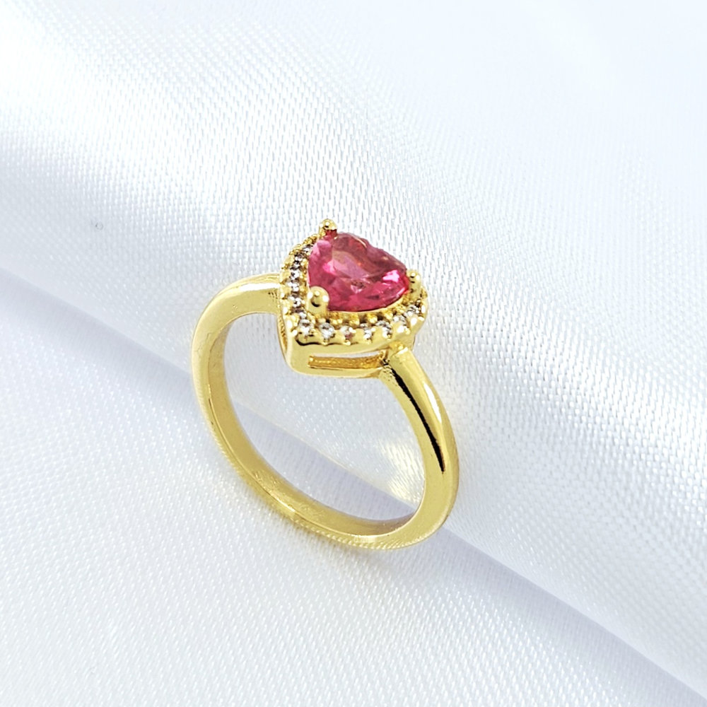 Anel coração com pedra rosa borda cravejda - Imagem 2