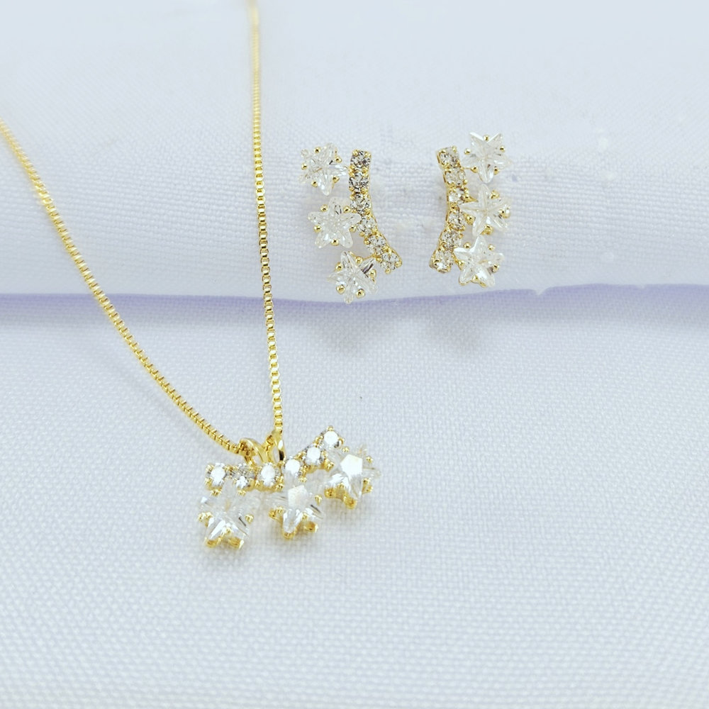 Conjunto fio pedras cristal com estrelas