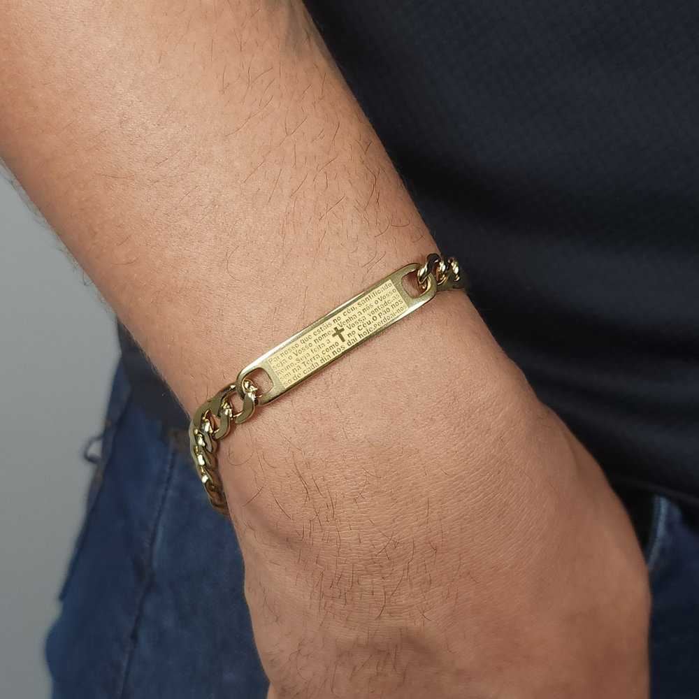 Pulseira masculina elo grumet com placa de pai nosso