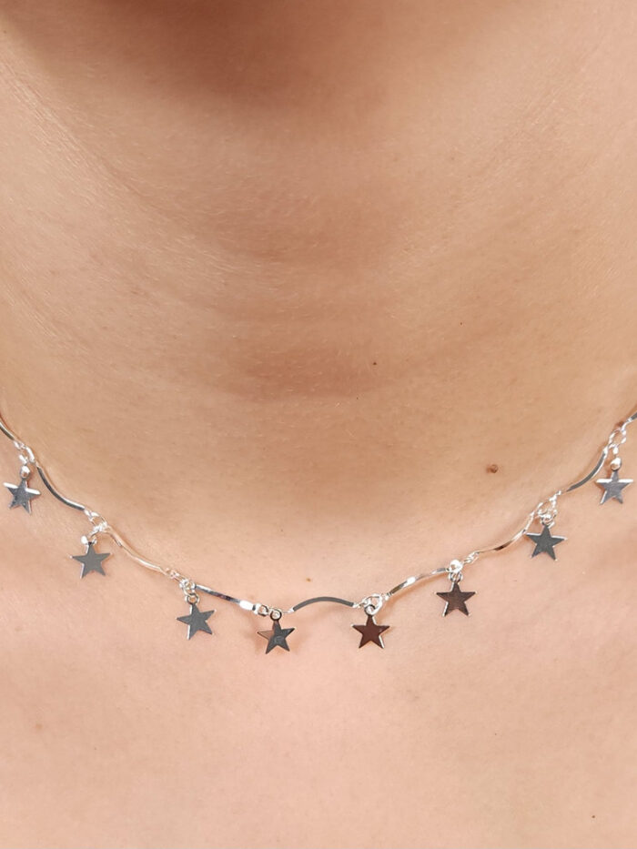 Gargantilha choker estrelas lisa prateado