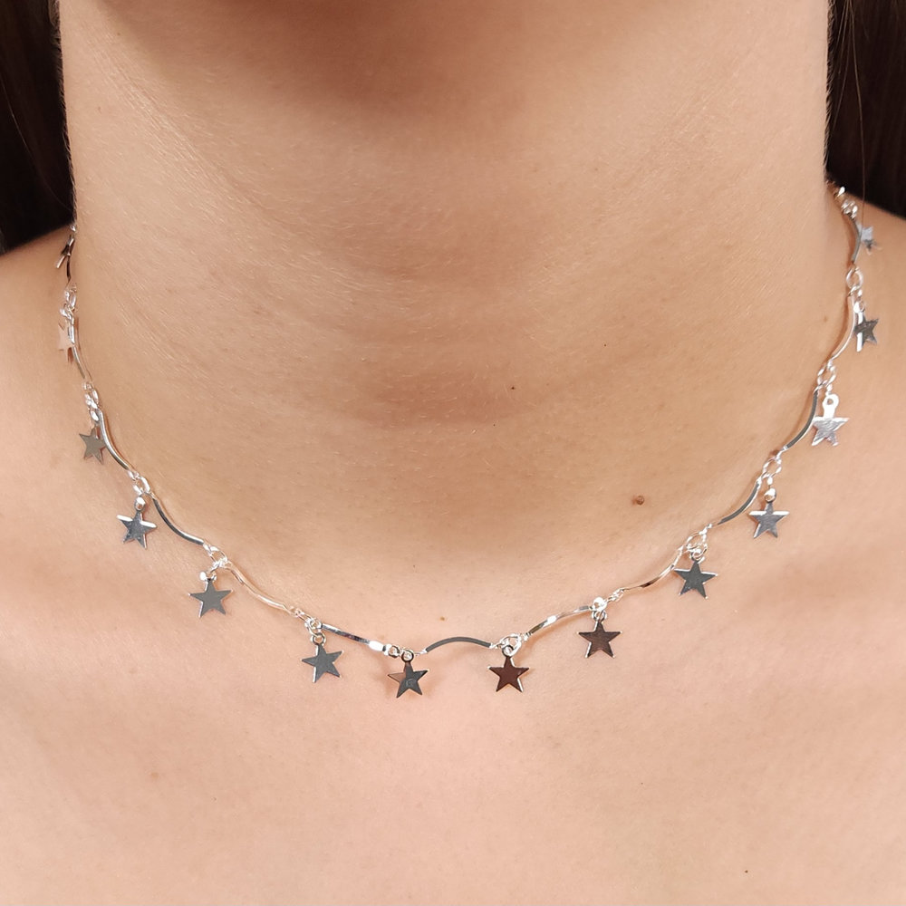 Gargantilha choker estrelas lisa prateado
