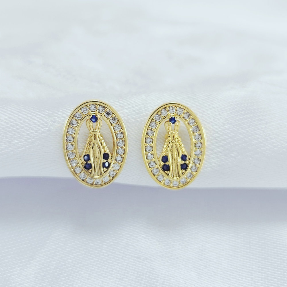 Brinco nossa senhora cravejado pedra azul