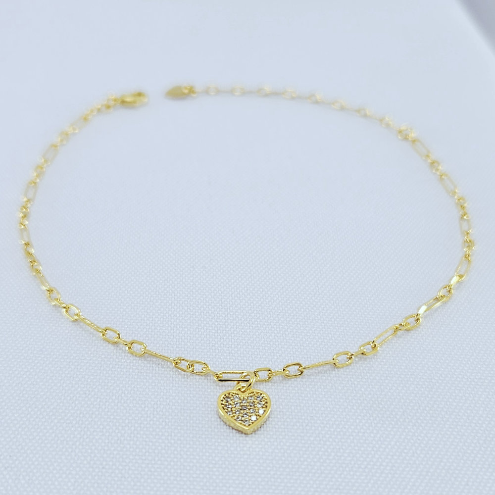 Tornozeleira elos vazados coração cravejado