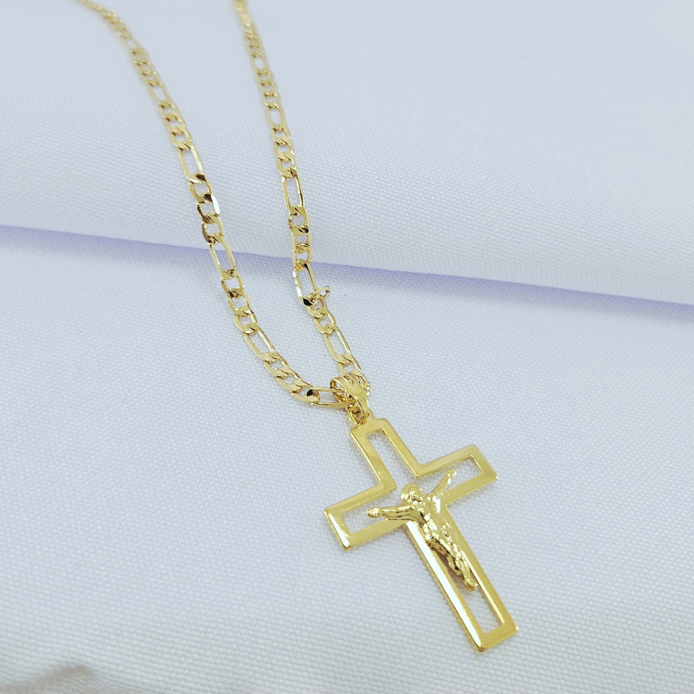 Cordão masculino pingente cruz vazada com Jesus Cristo - Imagem 2