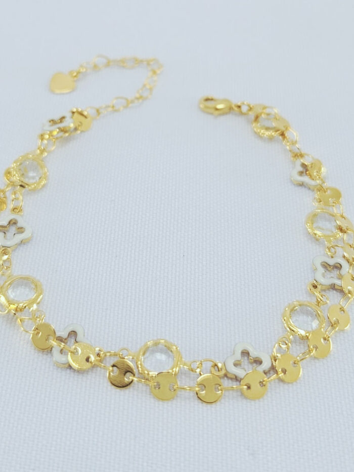 Pulseira dupla elo chapeado trevo branco vazado