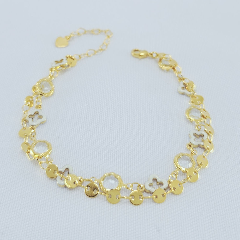 Pulseira dupla elo chapeado trevo branco vazado