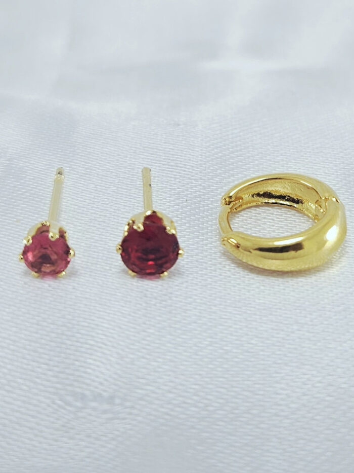 Brinco trio ponto de luz rosa e vermelho com argola