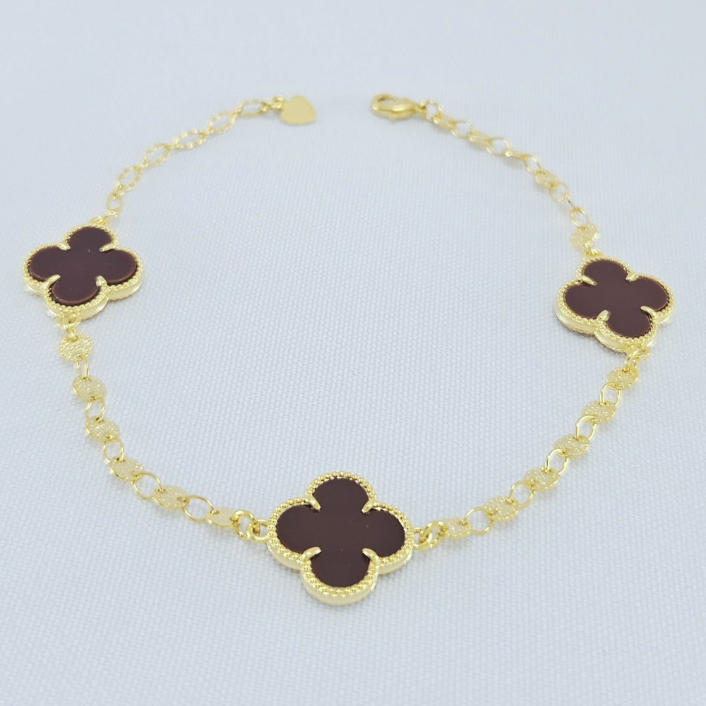 Pulseira elos círculo chapeado com trevo marrom