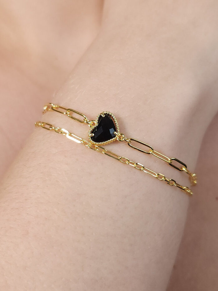 Pulseira dupla elos vazados com coração preto
