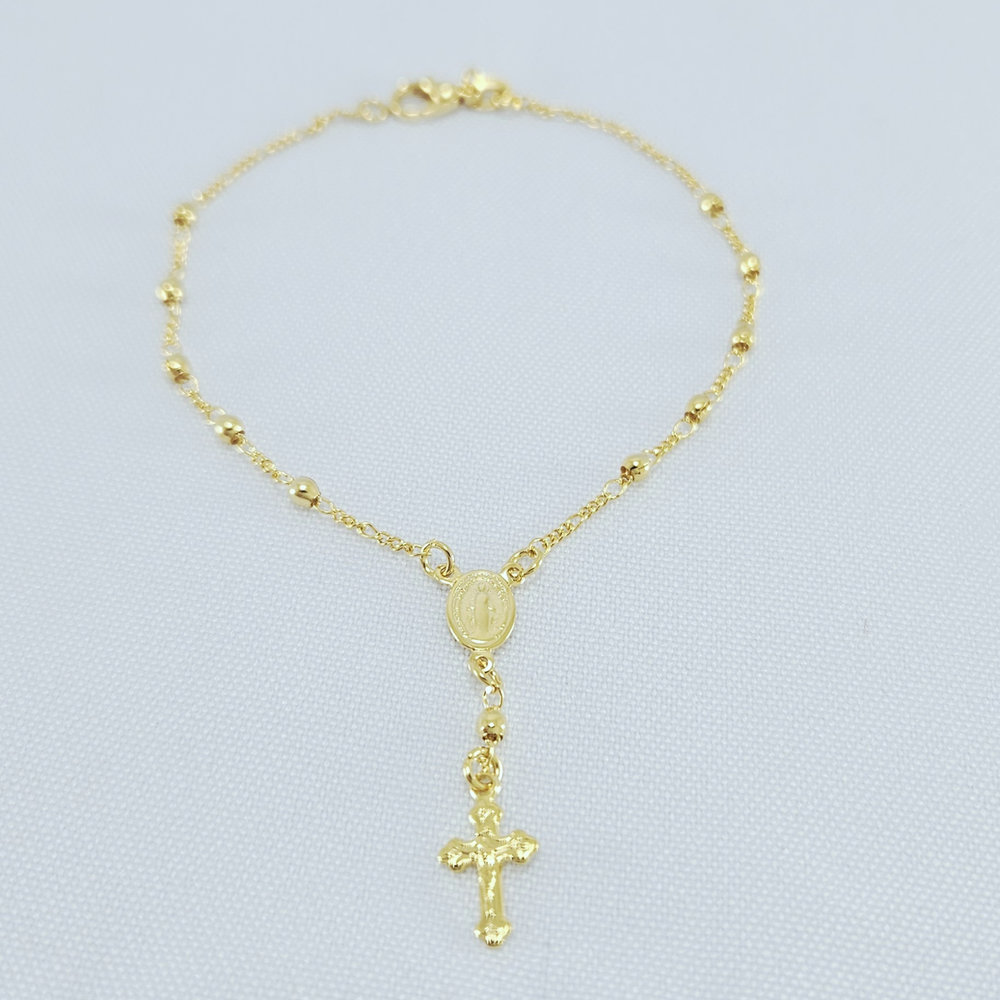 Pulseira terço com bolas douradas