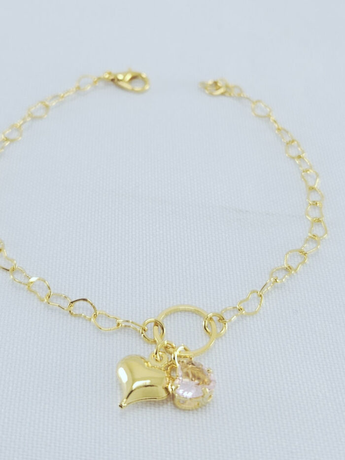 Pulseira elos vazado com pedra rosa e coração pêndulo