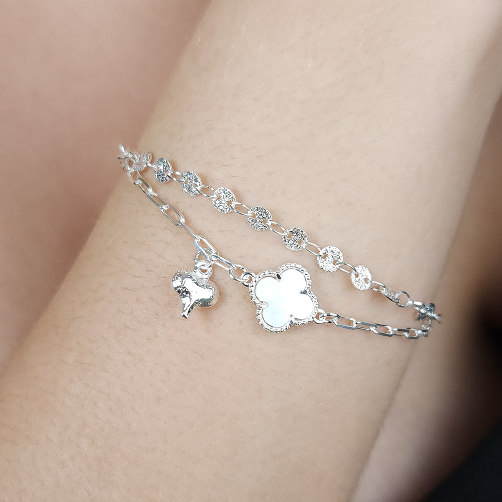 Pulseira duplo com trevo e coração fosco - Imagem 2