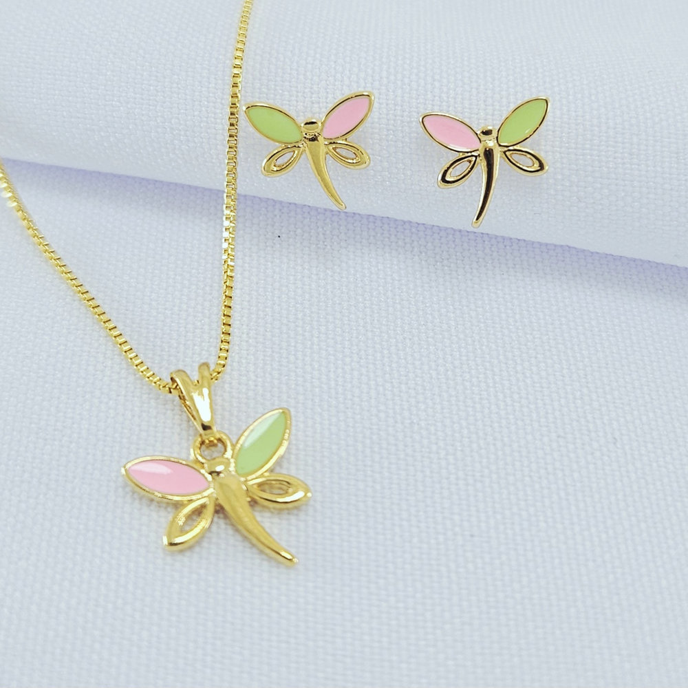 Conjunto libélula colorido vazado