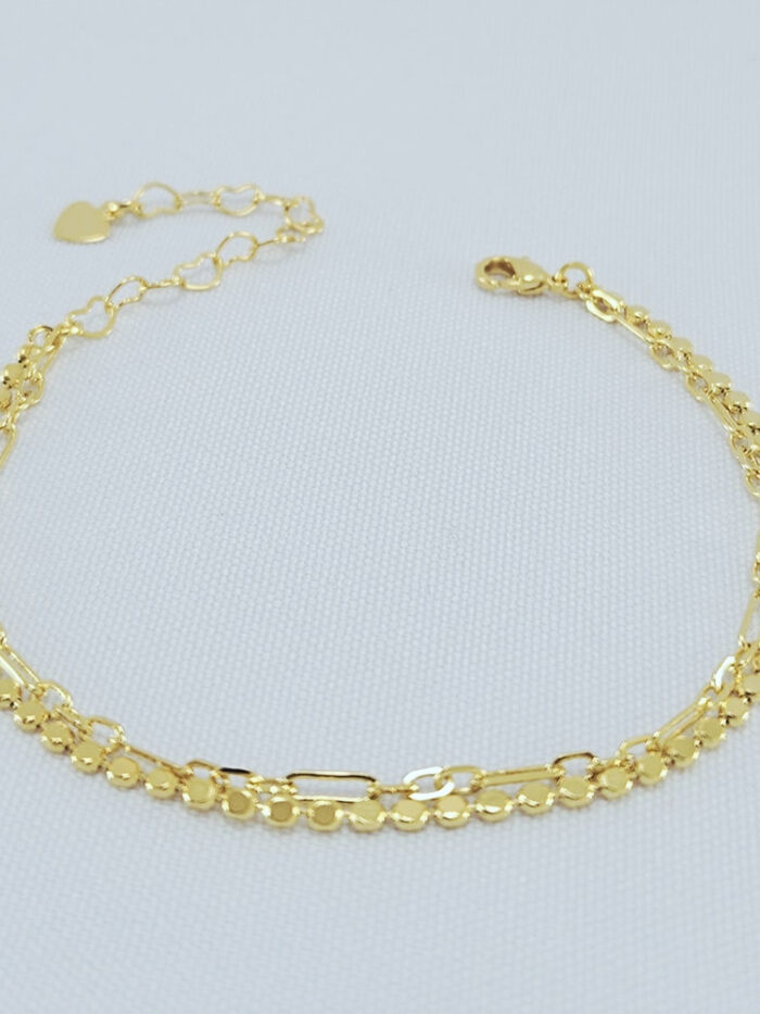 Pulseira dupla elos oval e bolinhas achatados dourado