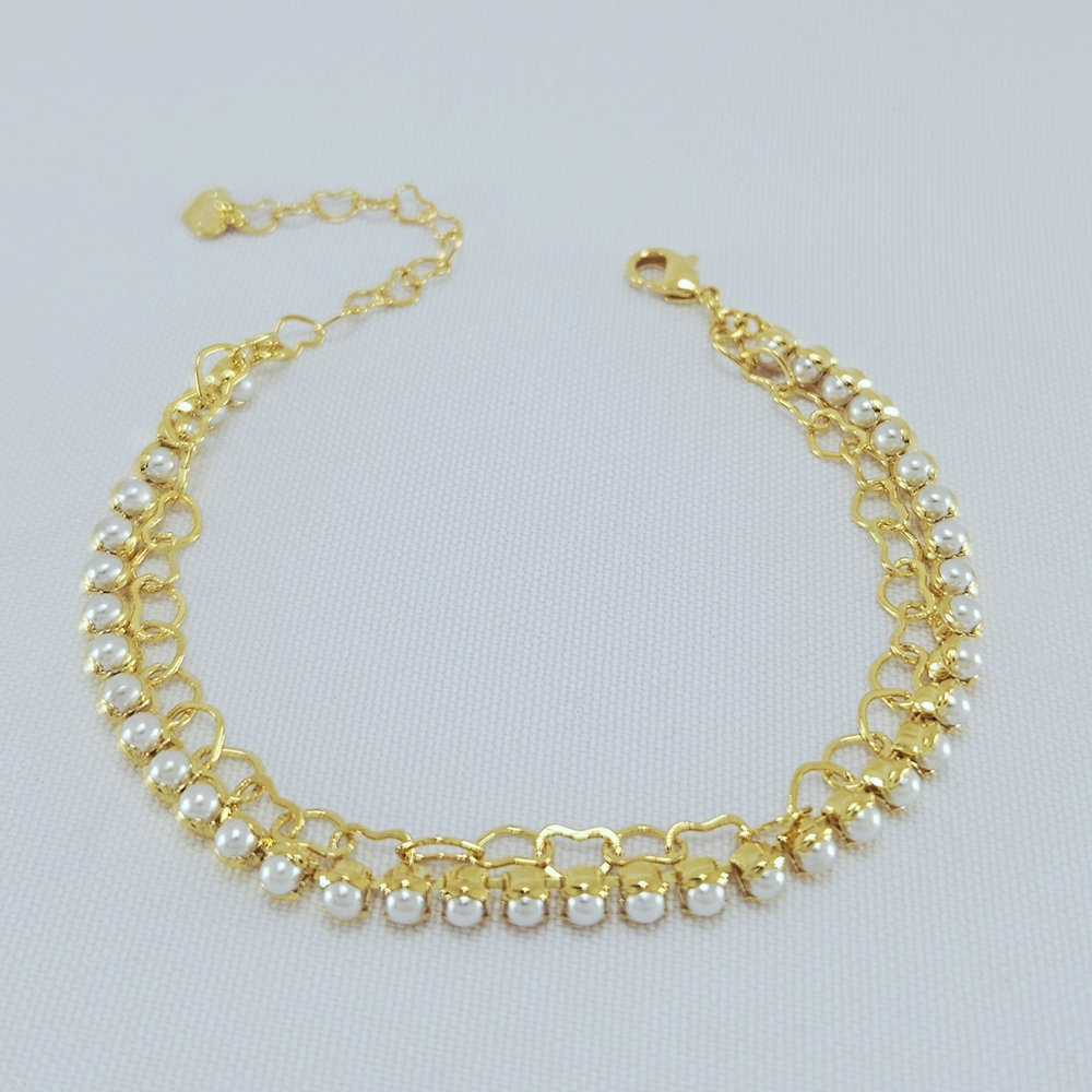 Pulseira dupla elos corações e pérolas