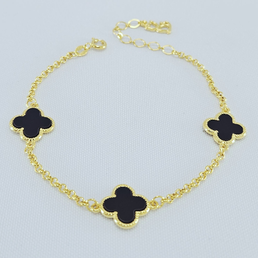 Pulseira elo portugues com trevo preto